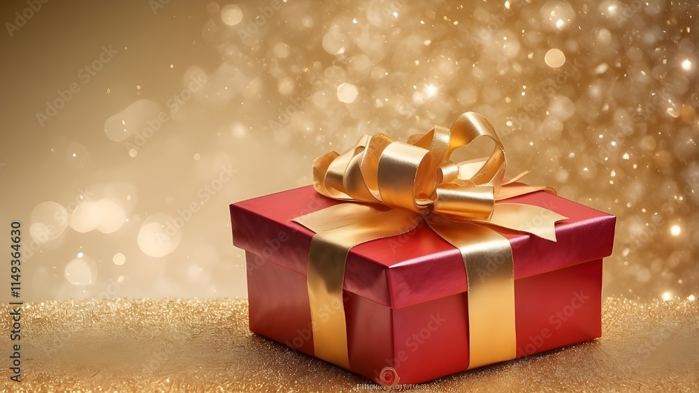 Christmas Gift Box with Red Ribbon and Gold Bow, Isolated on White Background Christmas Gift Box with Red Ribbon and Gold Bow, Isolated on White Background