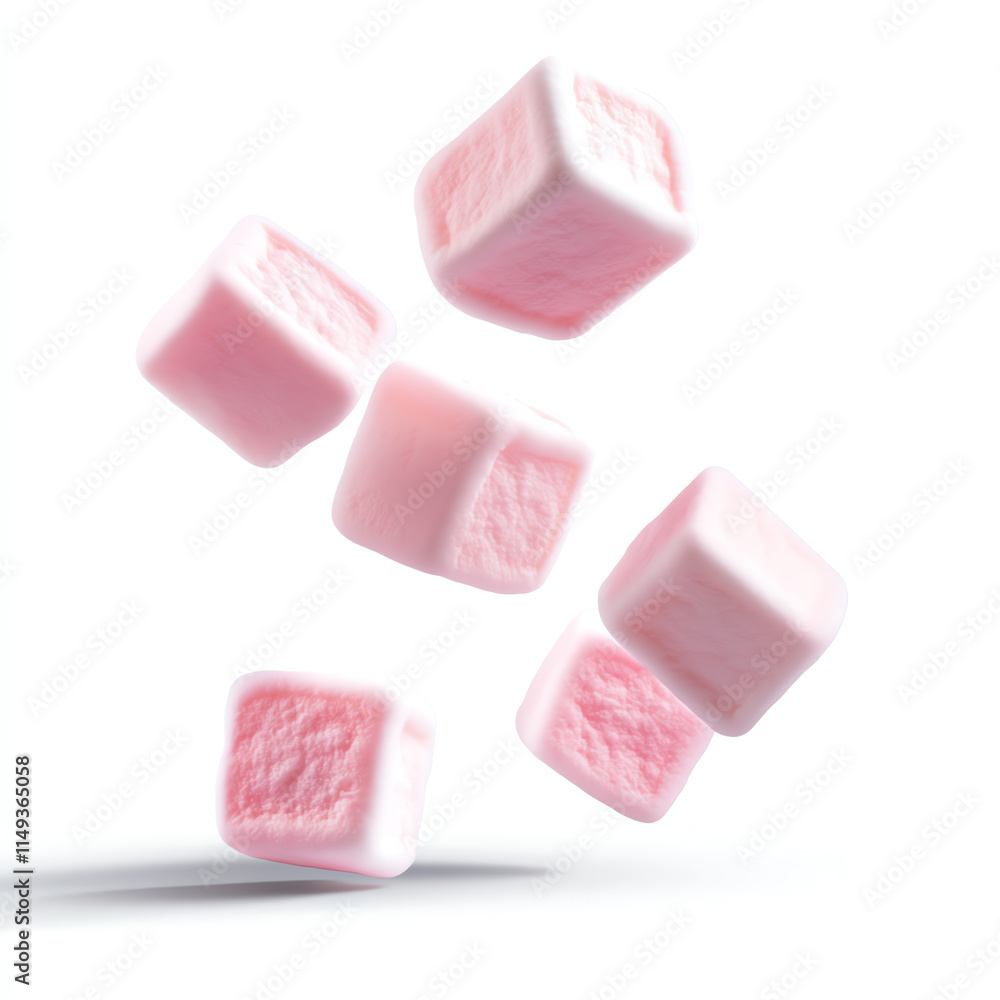 Aesthetic floating pink marshmallows against a clean white background. Aesthetic floating pink marshmallows against a clean white background.