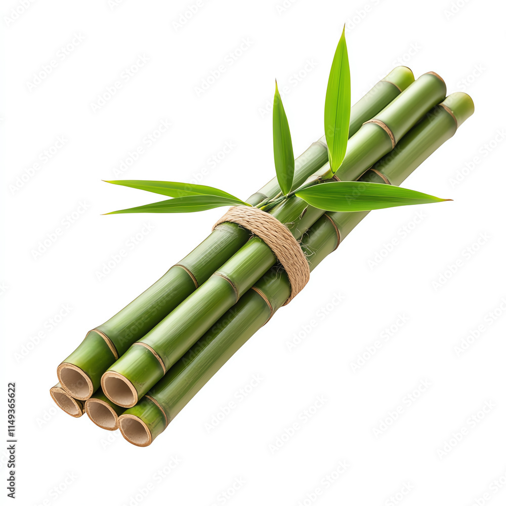 Fototapeta premium Bamboo stalks tied together with fresh leaves, symbolizing nature's beauty and resilience.
