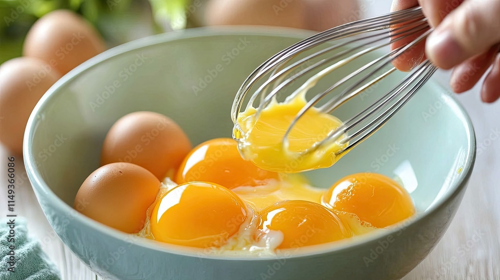 A person cracking eggs into a bowl before starting to whisk them in a bright kitchen. A person cracking eggs into a bowl before starting to whisk them in a bright kitchen.