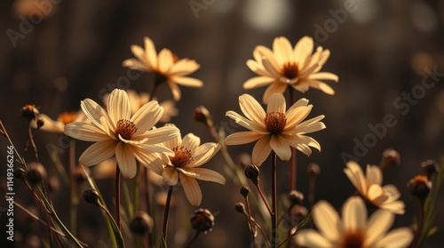 Yellow daisies in golden sunlight with a blurred background