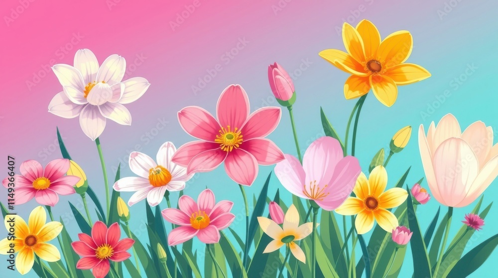 Colorful spring flowers in a vibrant gradient background Colorful spring flowers in a vibrant gradient background