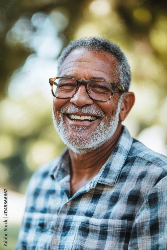 Senior African American man smiling warmly outdoors, wearing glasses and a plaid shirt, surrounded by a natural, blurred background. Senior African American man smiling warmly outdoors, wearing glasses and a plaid shirt, surrounded by a natural, blurred background.