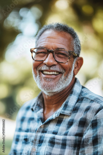 Senior African American man smiling warmly outdoors, wearing glasses and a plaid shirt, surrounded by a natural, blurred background.