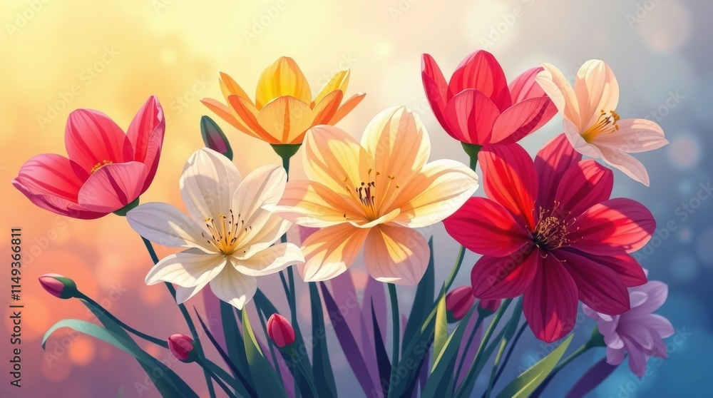 Bright bouquet of multicolored flowers with a vibrant bokeh backdrop Bright bouquet of multicolored flowers with a vibrant bokeh backdrop
