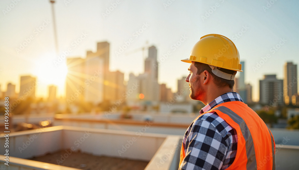 Contemplative Construction Worker Against Sunset Cityscape Contemplative Construction Worker Against Sunset Cityscape