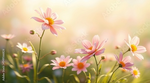  Pastel pink wildflowers softly glowing in warm sunlight