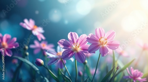 Pink wildflowers basking in morning sunlight with soft bokeh