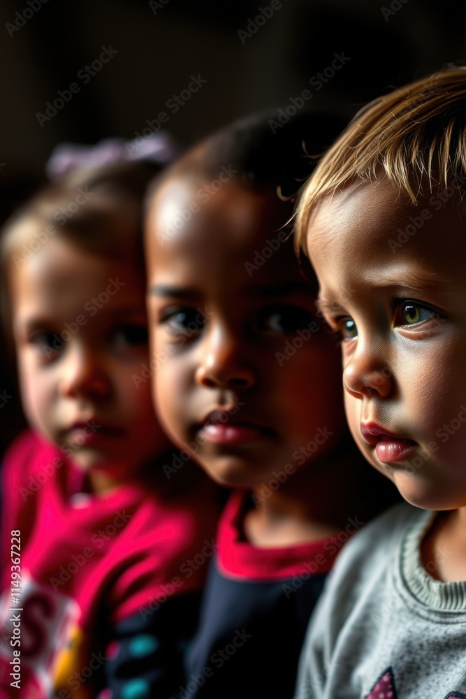 Thoughtful children with diverse expressions in soft lighting