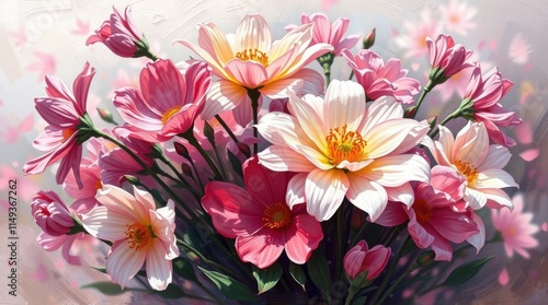 Pink and white flowers in a soft watercolor-style bouquet
