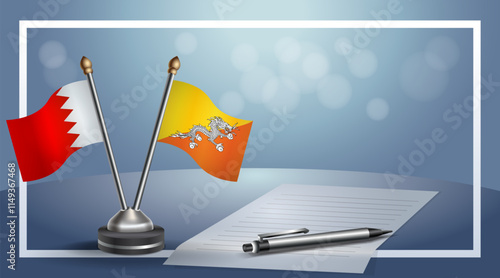 Bahrain and Bhutan National flags on small table with bokeh background, cooperative relationship
