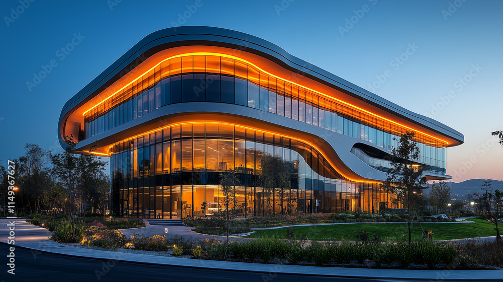 A modern design building with large glass windows
