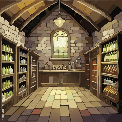 Illustration of old cellar interior with shelves full of herbal medicine bottles