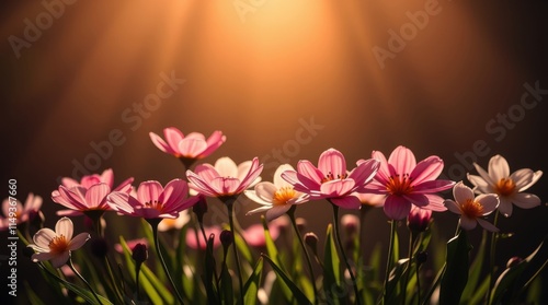 Pink daisies glowing under warm sunlight in a serene setting