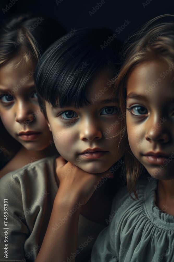 Three children with solemn expressions in dramatic low lighting Three children with solemn expressions in dramatic low lighting