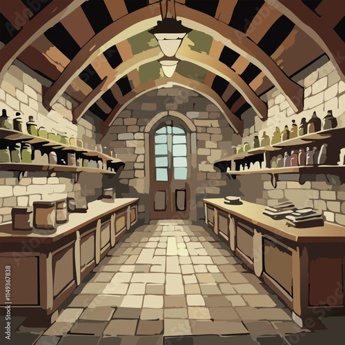 Illustration of a old cellar interior with a lot of medicinal herbs and chemicals