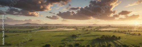 Wallpaper Mural The airplane glides effortlessly above a vast expanse of green farmland as morning light begins to break the horizon, agriculture, landscape Torontodigital.ca