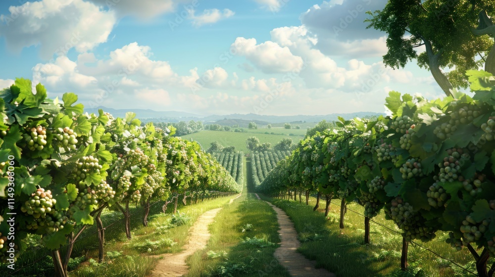 Fototapeta premium Serene Vineyard Landscape with Clear Blue Sky
