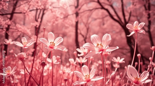 Blooming wildflowers in pink tones, serene forest background