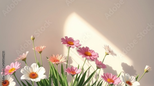 Daisy flowers in soft sunlight against a pastel background