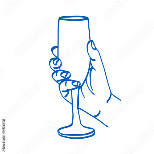 Hand holding a champagne glass. Blue doodle vector illustration. Index, middle, ring, little fingers and thumb