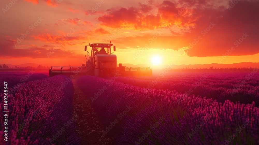 Fototapeta premium Stunning sunset over a vibrant lavender field with a modern harvester in action
