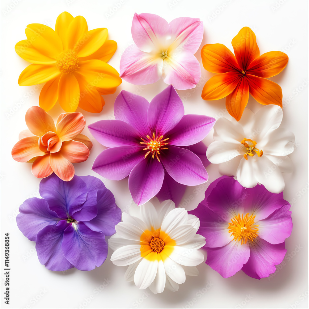 Colorful flowers arranged beautifully on a white background for aesthetic appeal. Colorful flowers arranged beautifully on a white background for aesthetic appeal.