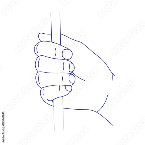 Hand holds a stick. Contour vector illustration. Index, middle, ring, little fingers and thumb