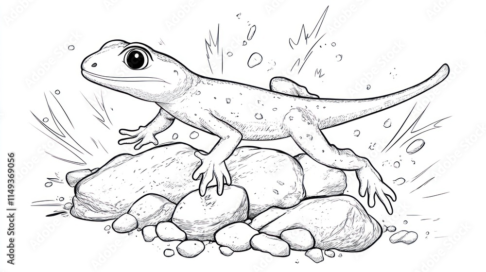 Obraz premium Cartoon Gecko Jumping Over Rocks - Coloring Book Page for Kids