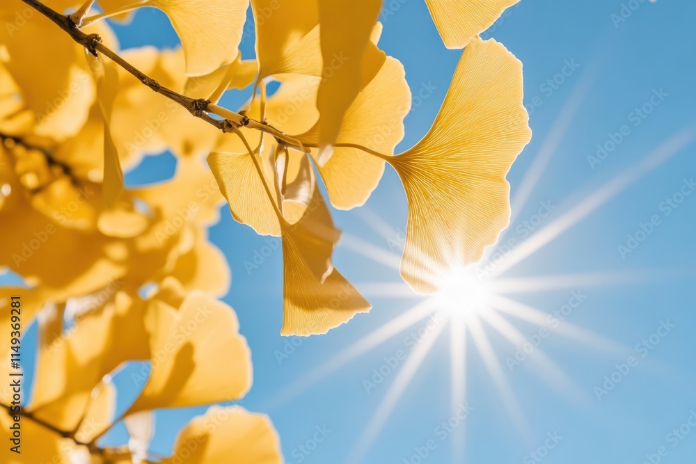 Obraz premium 青空に映えるイチョウの葉とまぶしい太陽の光の美しい瞬間