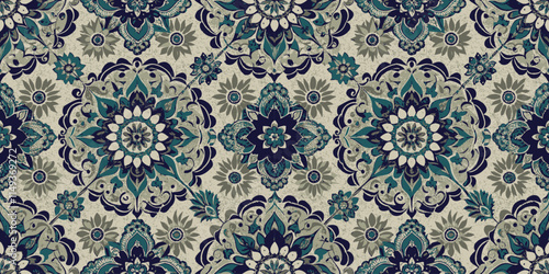 Intricate floral pattern with deep greens and blues, creating a harmonious and elegant design.