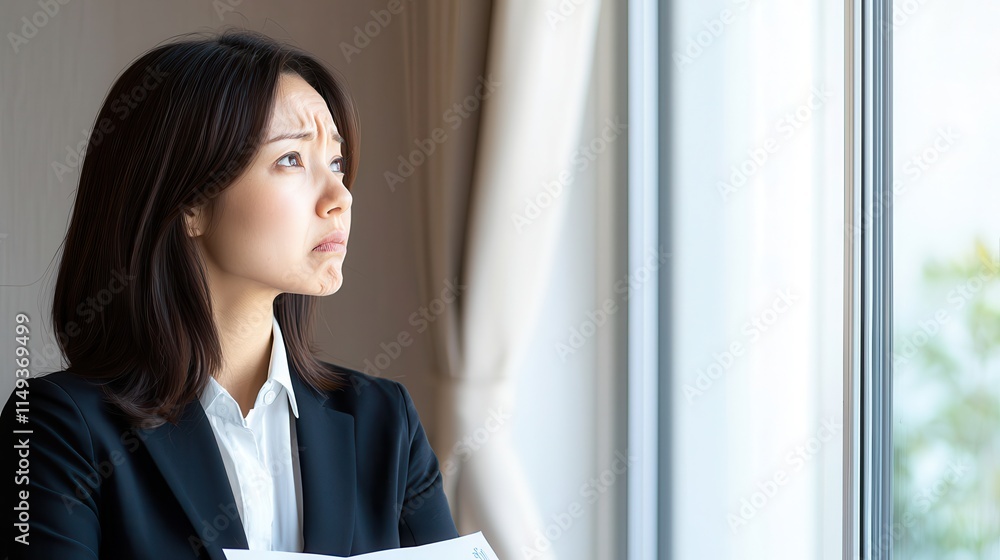 A businesswoman battles career headaches and pain. Businesswoman looking thoughtfully out the window.