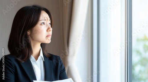 A businesswoman battles career headaches and pain. Businesswoman looking thoughtfully out the window. Free Download A businesswoman battles career headaches and pain. Businesswoman looking thoughtfully out the window. - GFXLoad