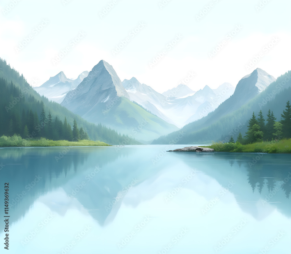 Serene mountain landscape with a calm lake reflecting majestic peaks and lush greenery Serene mountain landscape with a calm lake reflecting majestic peaks and lush greenery