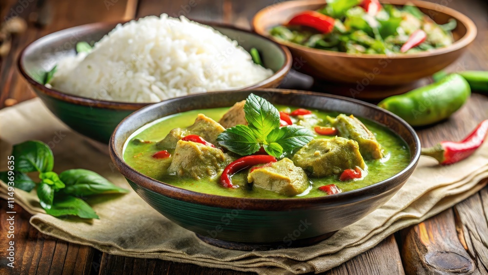 Vibrant green curry, tilt-shift photography showcases delectable Thai flavors, served with jasmine rice. Vibrant green curry, tilt-shift photography showcases delectable Thai flavors, served with jasmine rice.