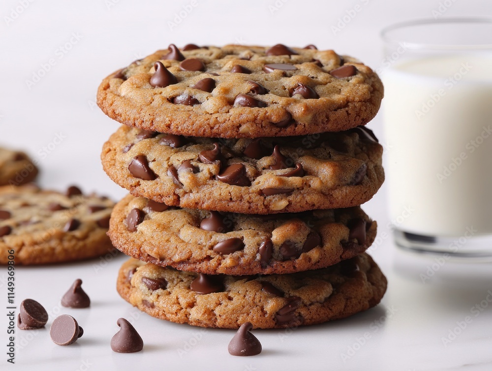 A stack of chocolate chip cookies beside a glass of milk, inviting a delightful snack. A stack of chocolate chip cookies beside a glass of milk, inviting a delightful snack.