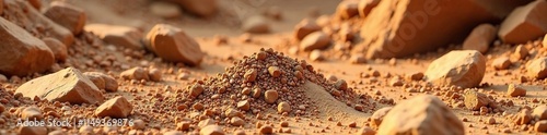 Earthy terrain with natural brown clay and sediment mixture on rocky ground, earthy colors, natural environment, landforms photo