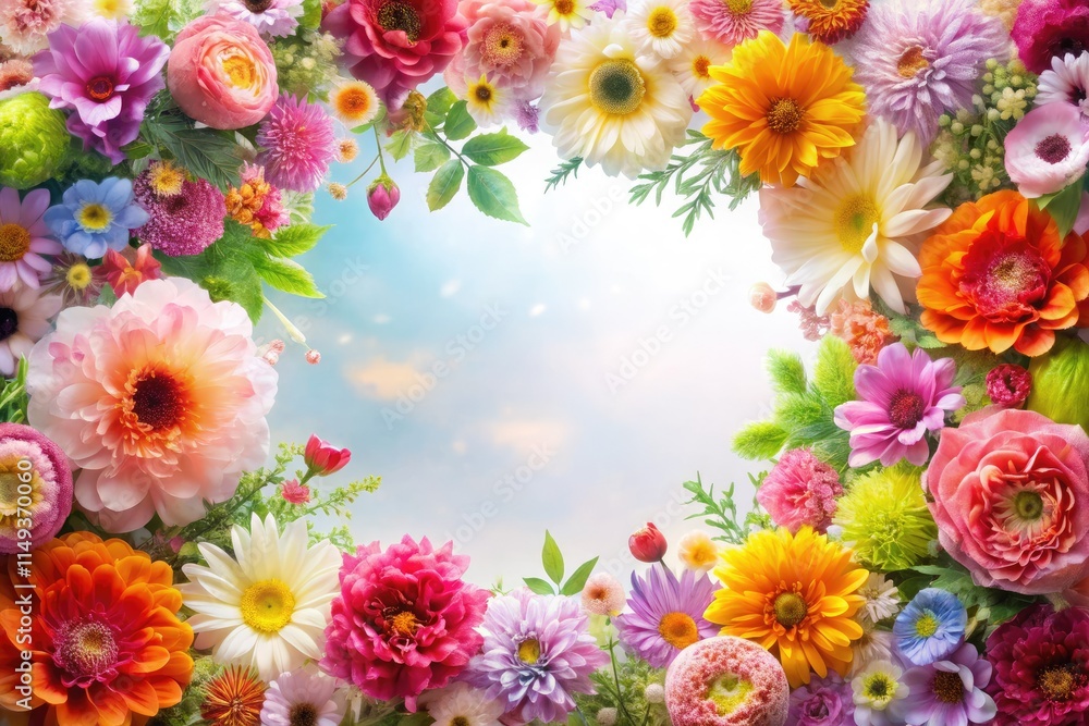Vibrant spring flowers burst from a double exposure frame, creating a colorful botanical border against a white background. Vibrant spring flowers burst from a double exposure frame, creating a colorful botanical border against a white background.