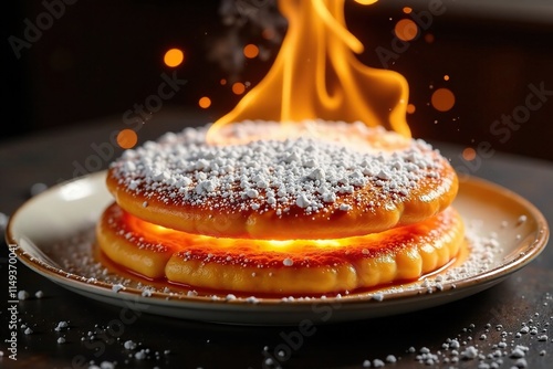 Fiery sparks flying from a Belgian pannekoek, a deep-fried cake covered in sweet icing and topped with powdered sugar, as the dessert burns intensely, flames, pannekoek, sparks photo