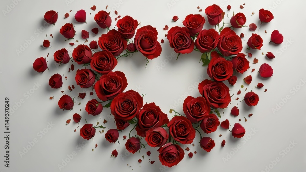 Obraz premium A heart-shaped arrangement of red roses and petals on a clean white background, with soft shadows, perfect for Valentine's Day cards or romantic designs.