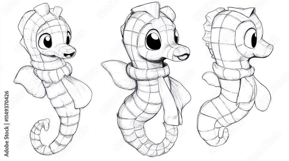 Obraz premium Cute Cartoon Seahorse with Scarf - Children's Coloring Book Page