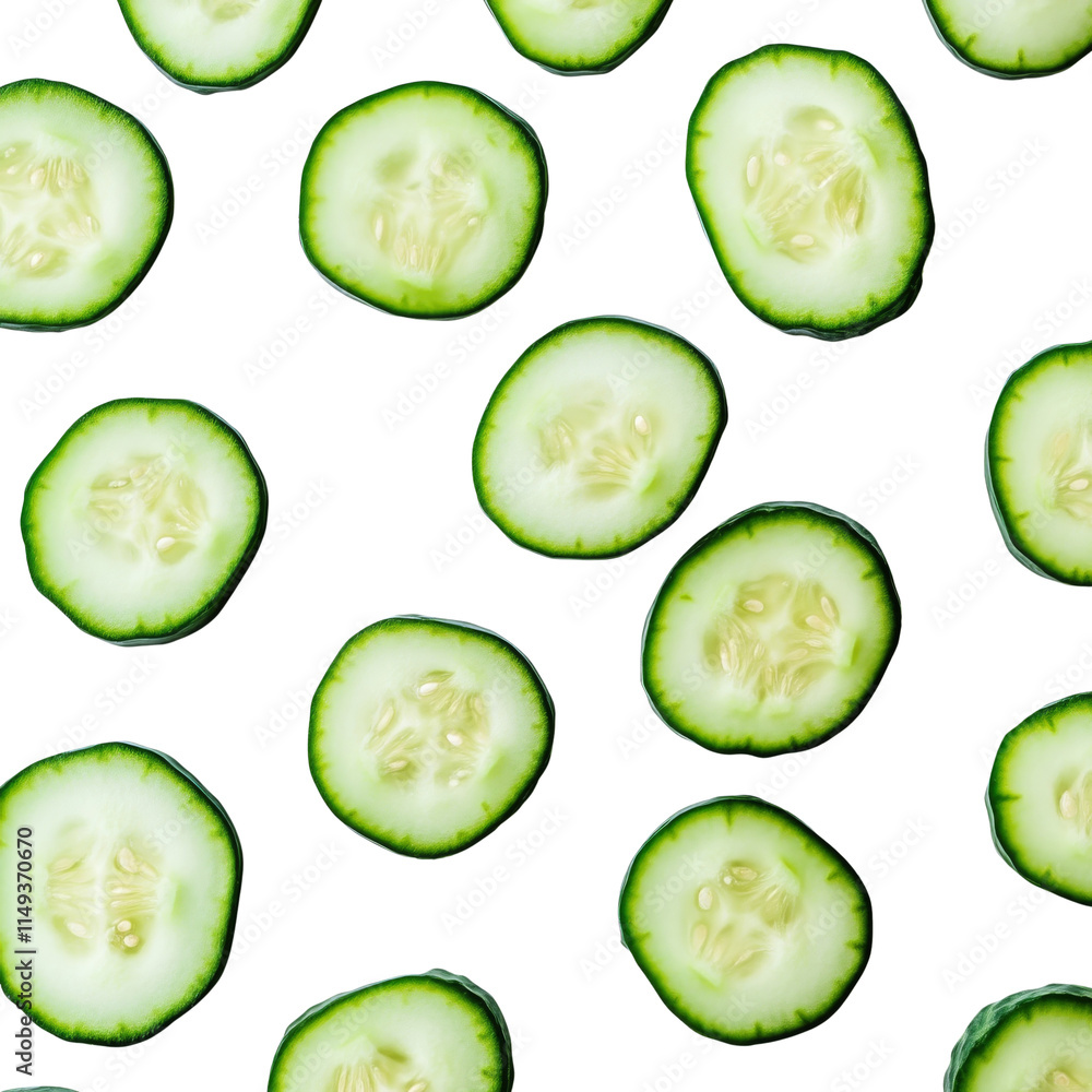Cucumber slices pattern on white background, freshness and healthy eating concept Cucumber slices pattern on white background, freshness and healthy eating concept