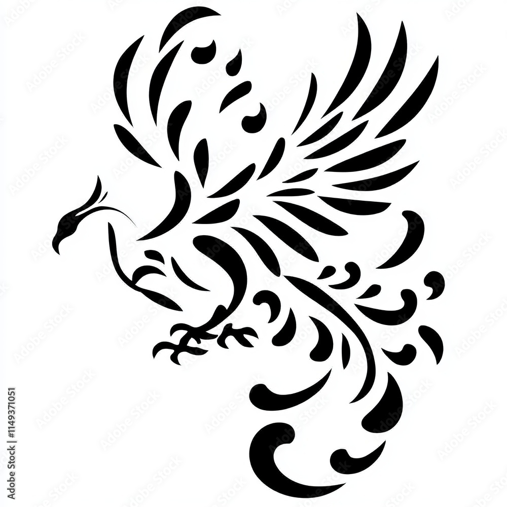 Obraz premium Elegant Stylized Phoenix Bird Design, Black Ink Illustration