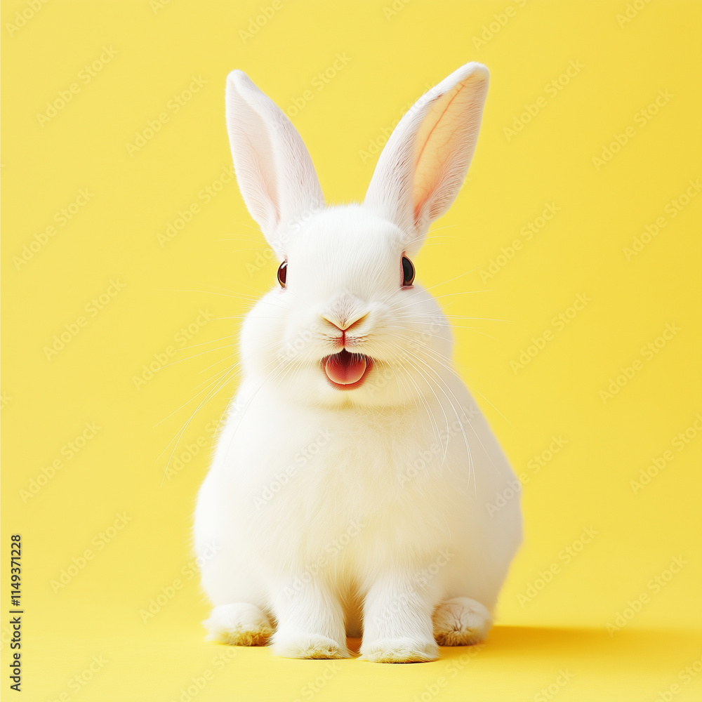 A white bunny rabbit holding a carrot in its front paws, giggling happily A white bunny rabbit holding a carrot in its front paws, giggling happily