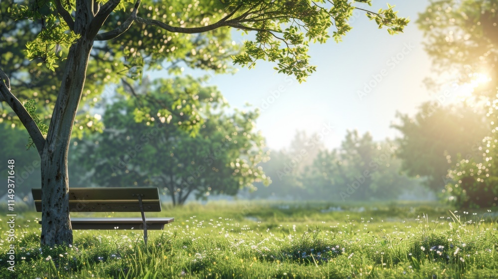 Scenic Outdoor Space with Bench Under Tree Scenic Outdoor Space with Bench Under Tree