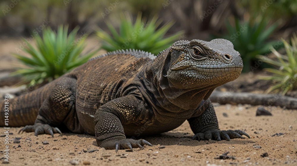 Obraz premium Large land lizard on sandy ground, looking right.