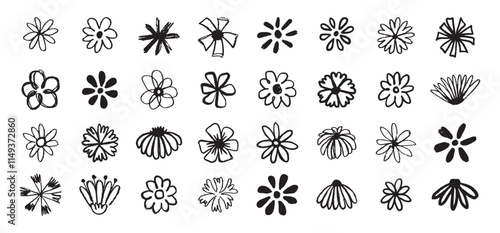 Flowers grunge brush doodle blossom icons set. Flowers Scribble ink hand drawn brush. Chamomile flowers markers crayons icons 