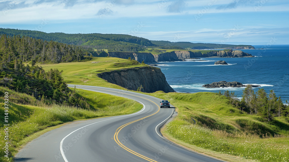 Photo of a beautiful coastal road with cliffs on one side and the ocean on the other, with a convertible driving along the road Photo of a beautiful coastal road with cliffs on one side and the ocean on the other, with a convertible driving along the road