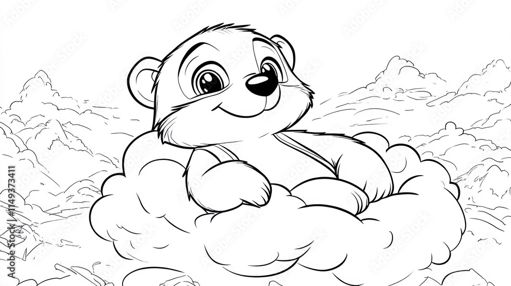 Sleeping Meerkat on Cloud - Children's Coloring Book Illustration Sleeping Meerkat on Cloud - Children's Coloring Book Illustration