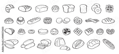 Bread different types hand drawn doodle outline icon set. Bread engraving, line art. Wheat products, baked goods, bakery